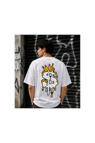 Qmen Style Unisex Beyaz Oversize Baskılı T-shirt Eriyen Dolar %100 Pamuk