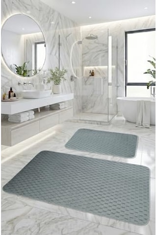 Söğüt Kaymaz Taban, Süper Emici 2'li Banyo Paspası Seti Gri 60x100 Cm 50x60 Cm Çok Renkli