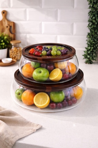 Qerhome 2'li Borosilikat Cam Lüks Akasya Kapaklı Cam Kase - Sunumluk-salata Kasesi 18 Cm - 22 Cm Şeffaf
