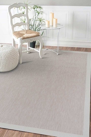Kaymaz Yıkanabilir Minimal Bordürlü Bej Dekoratif Sisal Halı Siesta 1503 Siyah - Beyaz