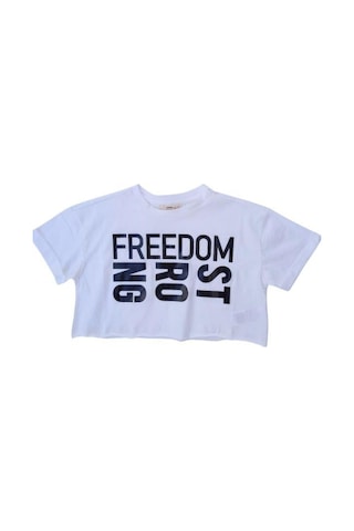 Çikoby Kız Çocuk Pamuklu Sıfır Yaka Kısa Kol Yazılı Crop Tshirt-12104 Beyaz