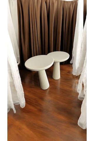 Wood Wooden Ahşap Krem Renk 2'li Set Mantar Yan Sehpa Fiskos