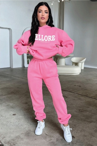 Ellore Australia Eşofman Takımı Sweatshirt Jogger - Pembe Baskılı Oversize Şardonlu Kapüşonlu Pembe