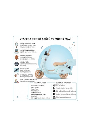 Vespera Pierro Uzaktan Kumandalı 6v Pembe Led Işıklı Arka Sepetli Çocuk Akülü Motor/scooter 3-6 Yaş Mavi