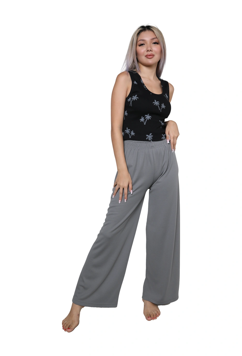 Akbeniz Kadın Kalın Askılı Body Bol Paça Pantolon 2 Li Takım Siyah 4217 Siyah