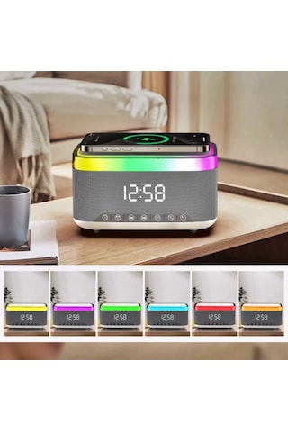Rgb Işıklı Bluetooth Hoparlör - Dijital Saat, Kablosuz Şarj Ve Çok Renkli Led Aydınlatma