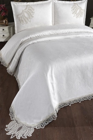 Çeyiz Diyarı Fransız Dantelli Velmora Çift Kişilik Yatak Örtüsü 230x250 Cm Krem