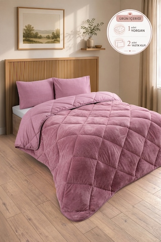 Premium Çift Taraflı Wellsoft Yorgan Seti Battal Boy 215x235 Cm 2 Adet Yastık Kılıflı Gül Kurusu