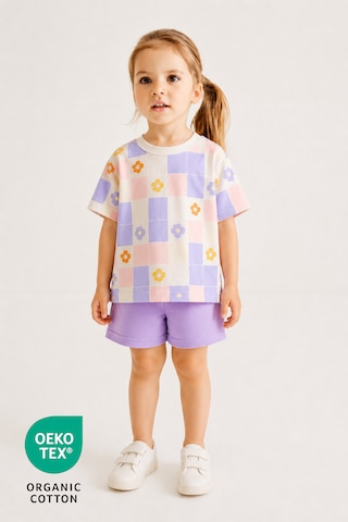 Luppinos %100 Pamuk Çiçek Baskılı Bisiklet Yaka Çift Cepli Bebek-çocuk Tshirt Şort Set Beyaz - Mor