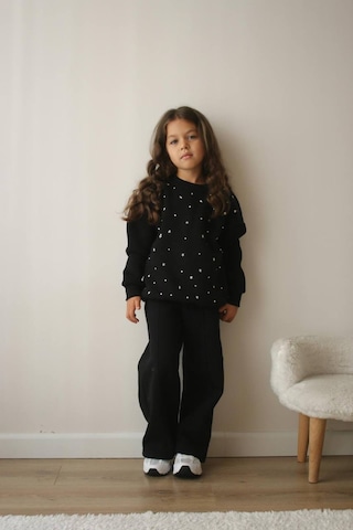 Kız Çocuk Siyah 3 İplik Şardonlu Takım Yıldız Desenli Sweatshirt & Rahat Eşofman Altı Siyah