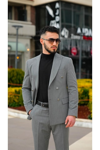 Dupont Classics Dupont Erkek Slim Fit 6 Drop Kruvaze Sivri Yaka Çift Yırtmaç Takım Elbise Gri