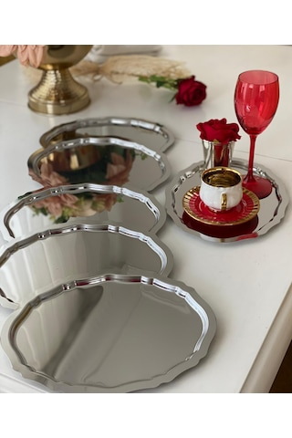 Paslanmaz Celik 6 Adet Oval Dalgali Servis Ve Sunum Tepsisi Gümüş