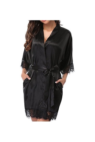 Sones Yarım Kollu Bornoz Kadın Sahte İpek Pijama Gece Elbisesi Siyah