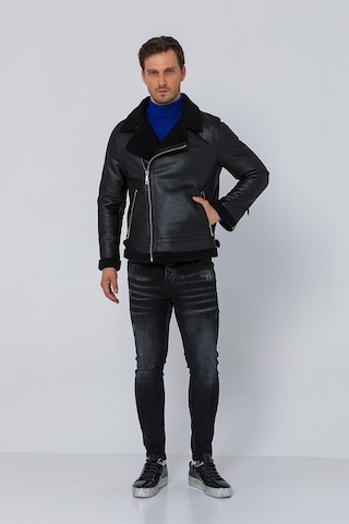 Cekmon Erkek Regular Fit İçi Yünlü Fermuar Detaylı Deri İşçilikli Klasik Suni Deri Mont 001
