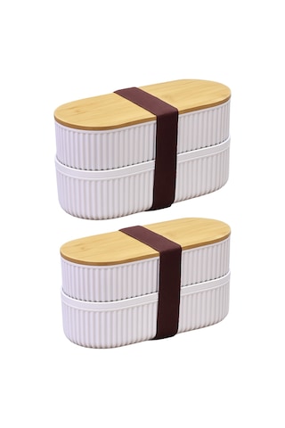 Makri Home 2 Adet 2'li Bambu Kapaklı Saklama Ve Beslenme Kutusu 2 Katlı, 20 X 9 X 5,5 Cm Şeffaf