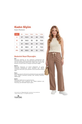 Tudors Kadın %100 Pamuk Baggy Fit Rahat Kesim Lastikli Bel Müslin Kumaş Cepli Bej Pantolon-51093