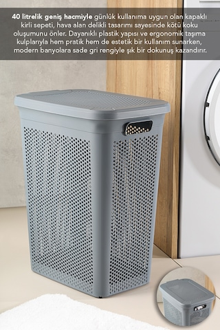 40 Litre Kirli Çamaşır Sepeti - Kapaklı Delik Detaylı Stash Slim Kirli Sepeti Banyo Organizer Gri Gri