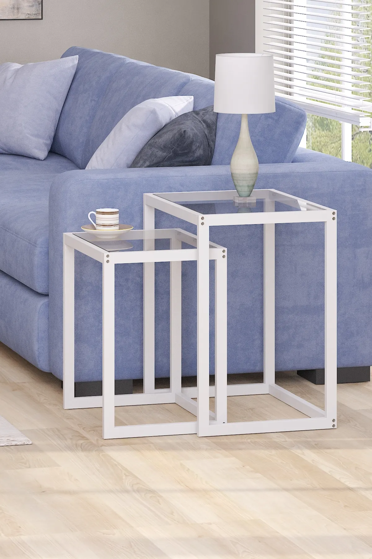 Modern Metal İskeletli Temper Camlı Zigon Sehpa Yan Sehpa Beyaz-şeffaf