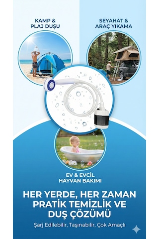 Taşınabilir Şarjlı Seyyar Duş Seti Pompa - Hortum - Duş Başlığı Renkli