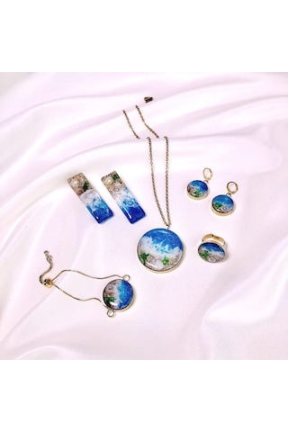 Altın Kaplama Çelik Kolye Küpe Bileklik Yüzük ve Saç tokası Mavi