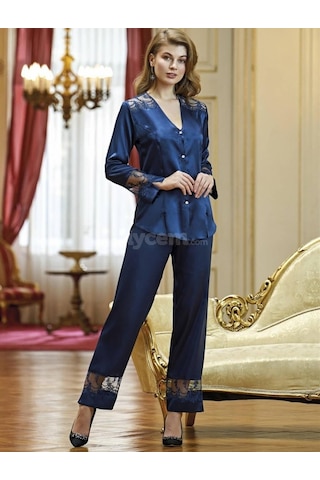 Nurteks 5691 Saten Dantelli Uzun Kol Pijama Takımı - Mor