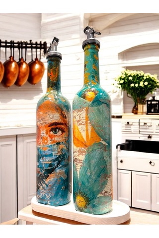 El Yapımı Soyut Kadın Portresi Ve Çiçek Motifli Vintage Yağdanlık Set, Mutfak Sosluk, Sirkelik Yeşil