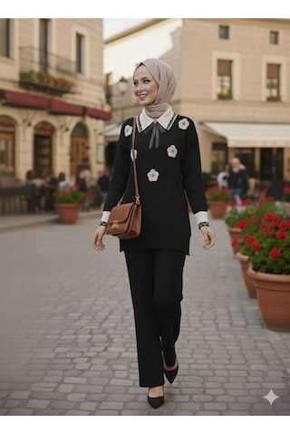 Sayzen Your Shine Gömlek Yaka Broşlu Alt-üst 2'li Triko Takim Sdnz-2501 Siyah