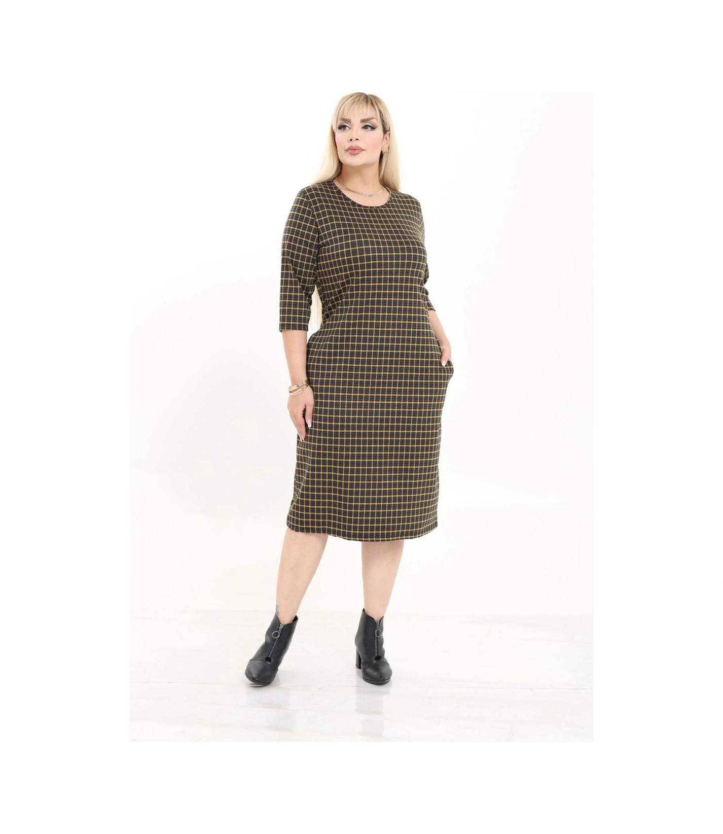 Çift Cepli Desenli Esnek Kışlık Büyük Beden Midi Elbise 30a-2724 Kahverengi