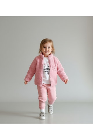 Kedi Nakışlı Peluş Hırkalı, Baskılı Sweatshirt Ve Eşofman Altı 3'lü Kız Çocuk Takımı Pembe