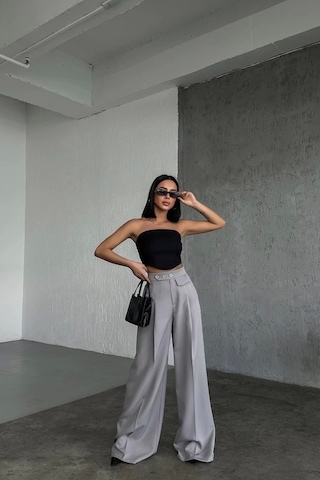 Defymoda Üç Düğme Detayli Palazzo Pantolon Gri