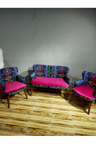 Azra Mobilya - Roma Çay Seti Koltuk Takımı - Babyface Kumaş - Ahşap Demonte Ayak Etnik Desen Fuşya