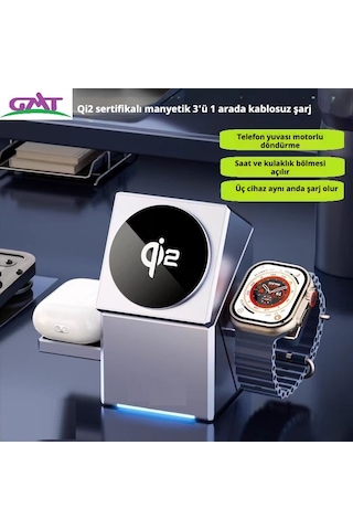 Qi2 15w Manyetik Kablosuz Şarj Cihazı, Döner Başlıklı 3'ü 1 Arada Masaüstü Standı Gri