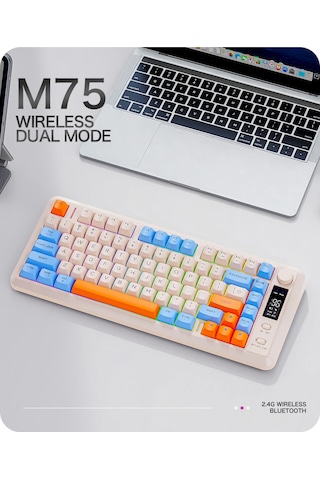 M75 Kablosuz 2.4ghz Kablosuz + Bt Çift Modlu Klavye Led Ekranlı Oyun Klavyesi İle Pbt Knob Rainbow