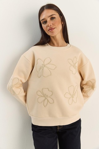 Shade Kadın Çiçek Eva Nakış Üç İplik Şardonlu Sweatshirt 60601046 - Bej
