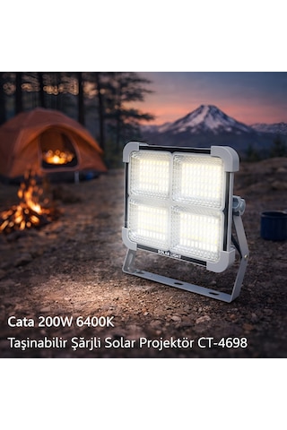 Cata Ct-4698 Solar Projektör 200w Şarjlı Led Projektör Ip65 3 Renk Modlu Dimmerli Işık