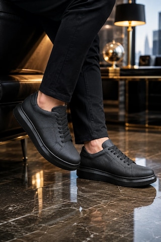 Mevese Tsoob Bağcıklı Cilt Erkek Günlük Rahat Taban Sneaker Ayakkabı - Siyah