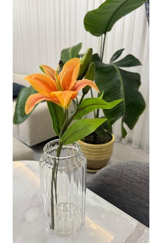 Yapay Lilyum Çiçeği, Turuncu, Tek Dal, 35 Cm, Premium Kalite Çok Renkli
