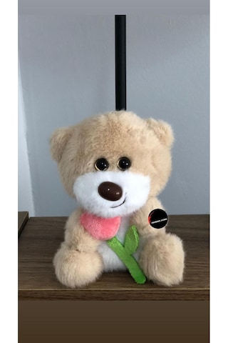 Sevimli Gül Tutan Ayıcık Peluş Oyuncak Anahtarlık Hediyelik Uyku Arkadaşı 15 Cm Bej