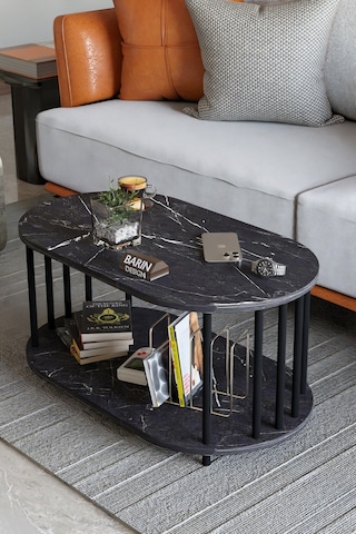 Modern Oval Orta Sehpa Çift Katlı Metal Ayaklı Salon, Ofis, Dekoratif Sehpa, Kahve Sehpası Siyah