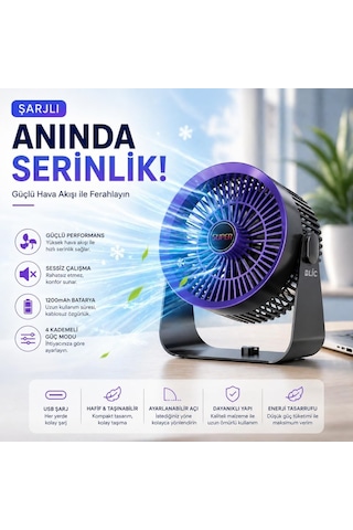 Masaüstü Vantilatör, Şarjlı Masaüstü Fan, 1200 Mah Batarya, Uzun Kullanım Süresi, 4 Kademeli Ayarlanır Güç M