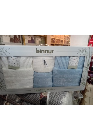Yünteks Binnur Bamboo 8 Parça Aile Bornoz Takımı / %100 Pamuk / Aile Seti / Çeyizlik / Günlük / Modern / 1.kalite Beyaz - Mavi