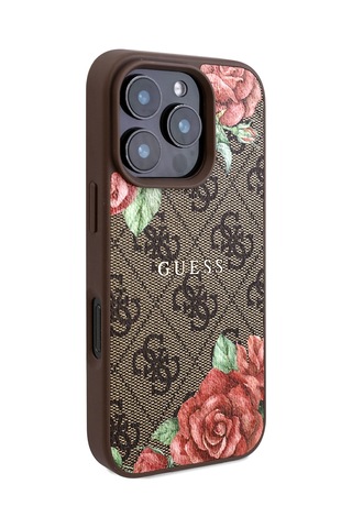 Apple Uyumlu iPhone 16 Pro Kılıf Guess Lisanslı Magsafe Şarj Özellikli Gül Baskılı Yazı Logolu Kapak Kahverengi