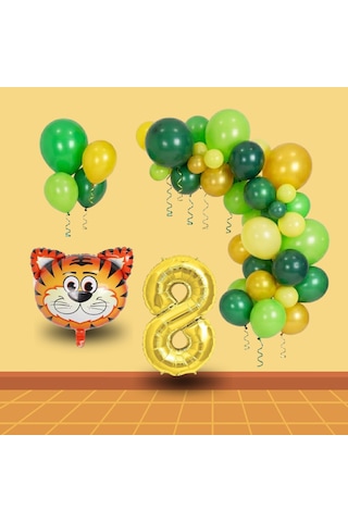 8 Yaş Safari Temalı Folyo Kaplan Yeşil Sarı Gold Balonlar Gold Rakam Doğum Günü Süsü Sarı - Yeşil