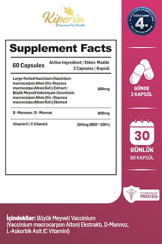 Kiperin Cranberry D-Mannoz C Vitamini 1400 Mg Akıllı Gıda Takviyesi 60 Kapsül