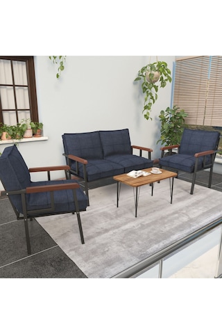 Mygusi Modern Balkon, Bahçe, Cafe - Metal Kanepe Koltuk Takımı - 2+1+1 Sehbalı Lacivert