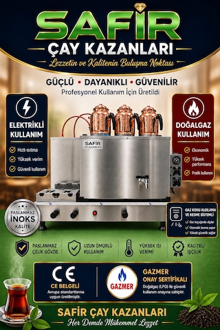 Safir 3 Gözlü İnoks Çay Kazanı Elektrikli Ve Doğalgazlı Termokulp Ventil Gaz Vanası Sistemli Ce Belgeli Gazmer Açılış Onaylı Inox Çay Ocağı Kazanı