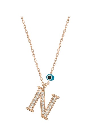 925 Ayar Gümüş Nazar Rose N Harfi Kadın Gümüş Kolye Rose Gold