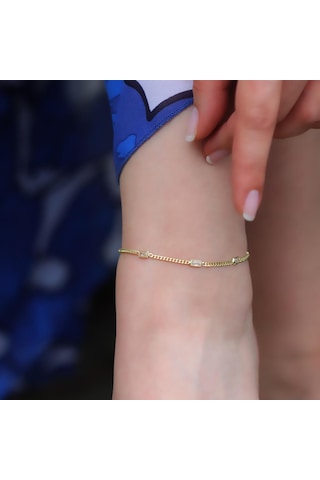 Dikdörtgen Zirkon Taşlı Gold Kaplama Gümüş Zincir Halhal Gümüş