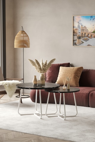 Üsküp Orta Sehpa Takımı Siyah Metal - Beyaz Mermer Tabla