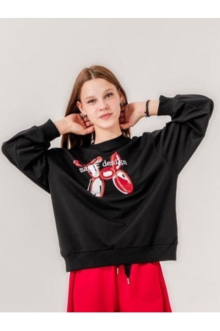 Kız Çocuk İki İplik Magic Baskılı Tasarım Sweatshirt-14215 Siyah